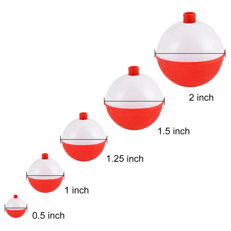 [AUSTRALIA] - Coopay 15pcs-50pcs/lot Fishing Bobbers Floats Set Hard ABS Snap on Red/White Float Bobbers Push Button Round Buoy Floats Fishing Tackle Accessories Size: 0.5/1/1.25/1.5/2 Inch 0.5+1+1.25+1.5+2=30pcs 