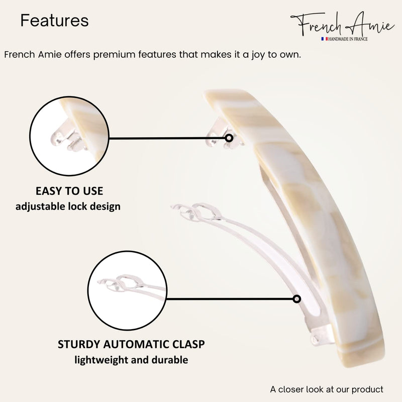 French Amie Oblong Handmade 3.5" Celluloid Automatic Hair Clip Barrette Hair Clip for Girls Strong Hold Hair Clips for Women No Slip Durable Paris Hair Accessories, Made in France (Cream Nouget) Cream Nouget - BeesActive Australia
