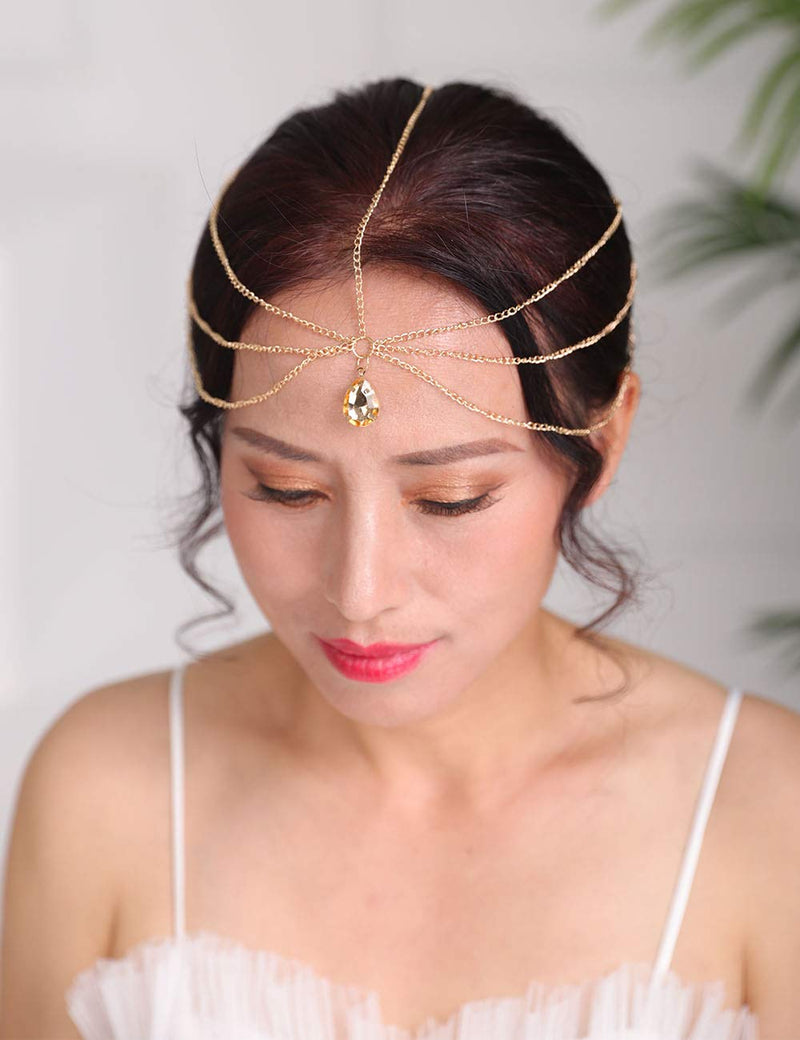 Denifery Bridal Boho Gold Rhinestone Head Chain Bridal Headpiece Bohemian Wedding Hair Accessories - BeesActive Australia
