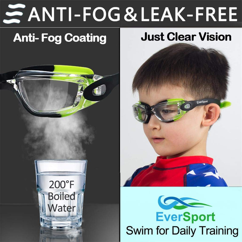 [AUSTRALIA] - EverSport Kids Swim Goggles, Pack of 2 Kids Swimming Goggles, Crystal Clear Swimming Goggles for Children and Teens, Anti-Fog Anti-UV Youth Swim Glasses, Leak Proof, Soft Silicone Frame, for 4-16 Y/O Green/Black & Mirrored Blue 