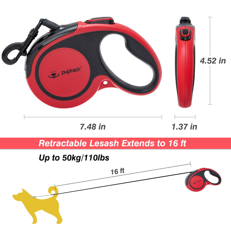PUPTECK Retractable Dog Leash - Reflective Pet Walking Leash up to 110lbs for Small Medium Large Dogs, Heavy Duty 16ft 360-Degree Tangle-Free Lead, One-Hand Brake Red Chew Proof - BeesActive Australia