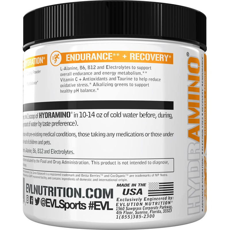 Evlution Nutrition HYDRAMINO Complete Hydration Multiplier, All 6 Electrolytes, Vitamin C & B, Fluid Boosting Aminos, Coconut Water, Endurance, Recovery, Antioxidants, 30 Serve, Orange Mango - BeesActive Australia