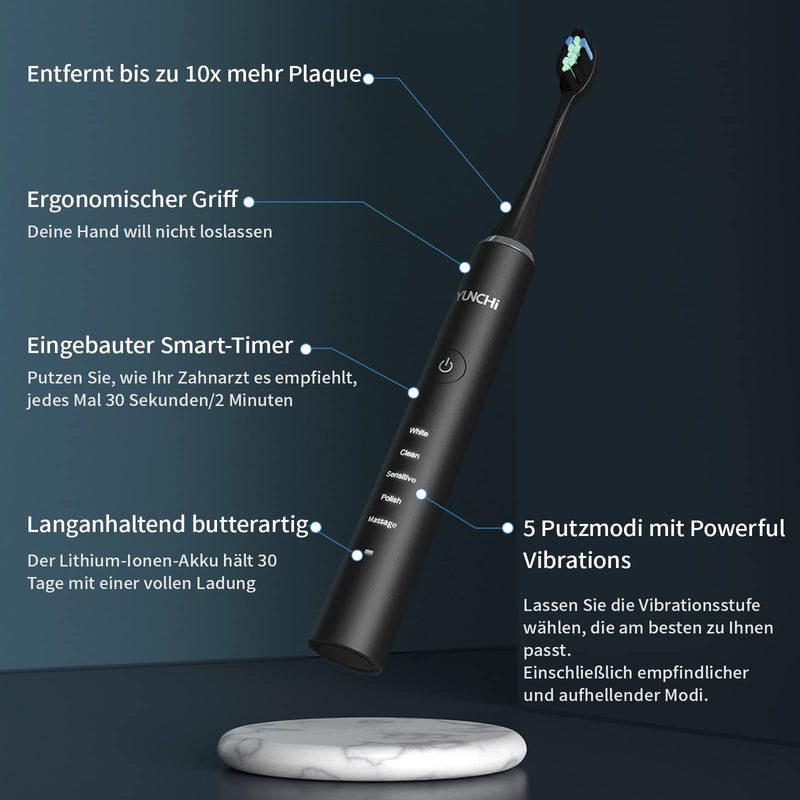 Sonic Electric Toothbrush for Adults with 8 Charcoal Brush Heads, YUNCHI Y2 Sonic Toothbrushes Rechargeable Toothbrush Electric with 5 Modes, 40000 VPM, Smart Timer/4 Hours Charging Last 30 Days Black White - BeesActive Australia
