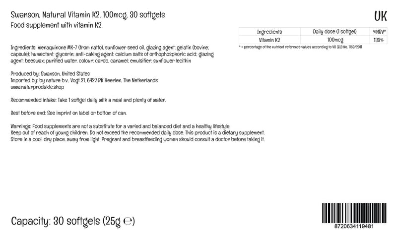 Swanson, Vitamin K2 (Menaquinone MK-7), 100mcg, 30 Softgels, Highly Dosed, Lab-Tested, SOYA Free, Gluten Free, Non-GMO - BeesActive Australia