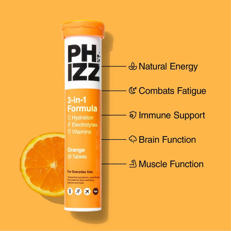 Phizz Electrolytes, Multivitamin & Hydration Tablets - 20 Effervescent Rehydration Tablets - 18 Vitamins & Minerals, Vitamin C, Vegan, Vegetarian & Low Calorie Orange 20 Count (Pack of 1) - BeesActive Australia