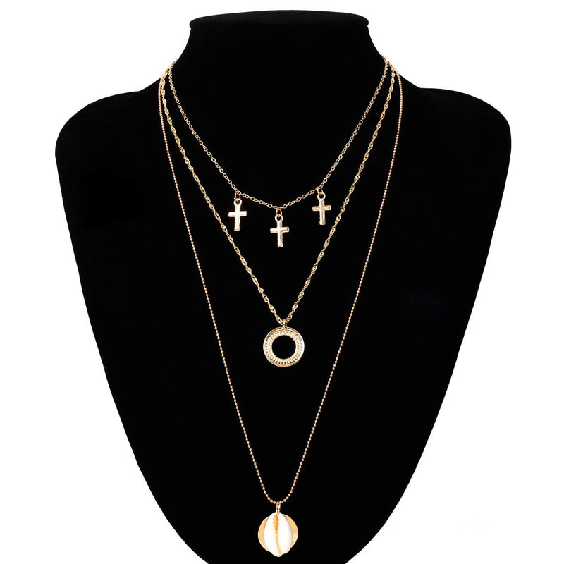 Edary Layered Pendant Necklace Natural Shells Cross Gold Necklaces Chain for Women and Girls - BeesActive Australia