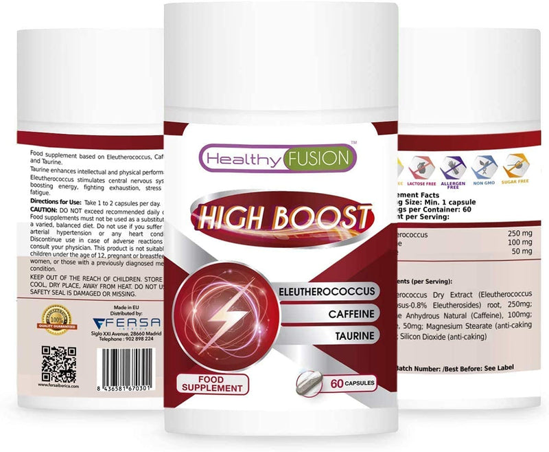 Healthy Fusion Taurine + Caffeine + eleutherococcus | Powerful energiser and Natural Energy Booster | Eliminates Fatigue, Improves Physical Endurance and enhances Muscle Performance | 60u - BeesActive Australia