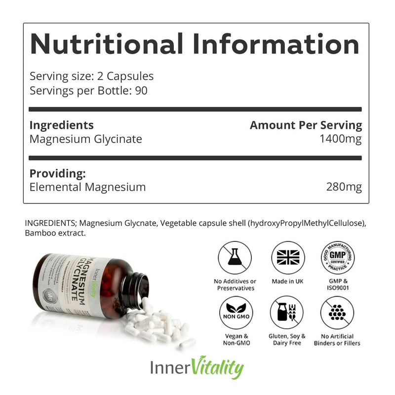 Magnesium Glycinate 180 Capsules (3 Month Supply) 280mg Elemental Magnesium - High Strength Easy to Absorb Magnesium Supplement with No Additives by Inner Vitality 180 Count (Pack of 1) - BeesActive Australia