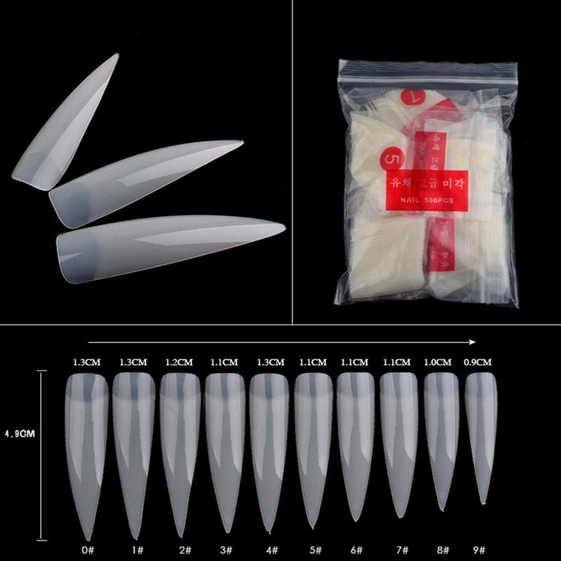 BNP 500Pcs Extra Long Stiletto False Nails Sharp Half Cover Acrylic Nail Tips 10 Sizes Nail (Natural) Natural - BeesActive Australia