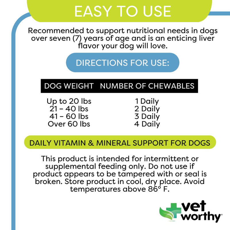 Vet Worthy Senior Multivitamin Chewable for Dogs - Antioxidants and Nutritional Support - Daily Support - Essential Vitamins, Minerals, & Enzymes- Liver Flavor Chewable for Dogs - 60 Tablets - BeesActive Australia