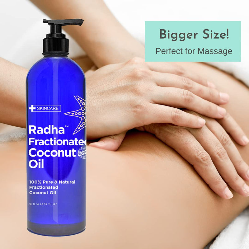 Radha Beauty Fractionated Coconut Oil - 100% Pure & Natural Carrier and Base Oil for Aromatherapy, Hair and Skin - Comes with Pump, 16 fl oz. - BeesActive Australia