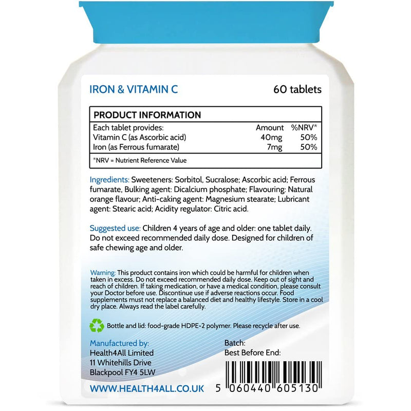 Health4All Kids Iron Chewable 60 Tablets Learning and Growth Support. Vegan Iron Supplement for Children. 60 Count (Pack of 1) - BeesActive Australia