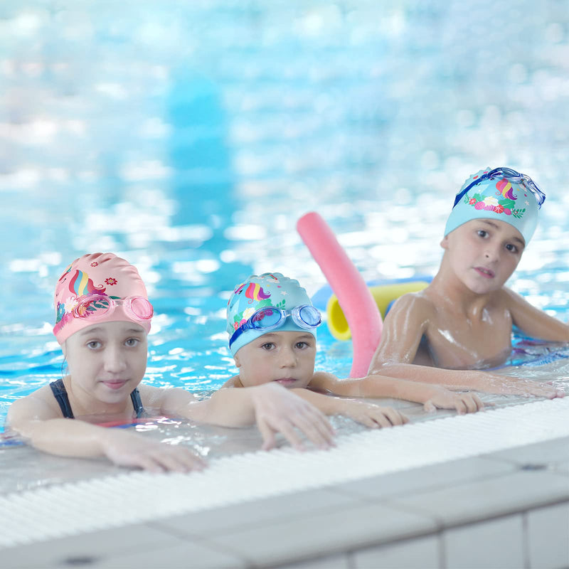 4 Pieces Swim Cap Kids Unicorn Silicone Waterproof Age 2-12 Cute Swim Caps with Goggles for Long and Short Hair Kids Children Boys Girls Toddler at Beach Pool Fun Lessons - BeesActive Australia