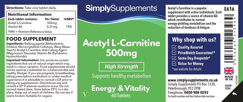 Acetyl L Carnitine Tablets 500mg | Vegan & Vegetarian Friendly | 60 Capsules | Manufactured in The UK - BeesActive Australia