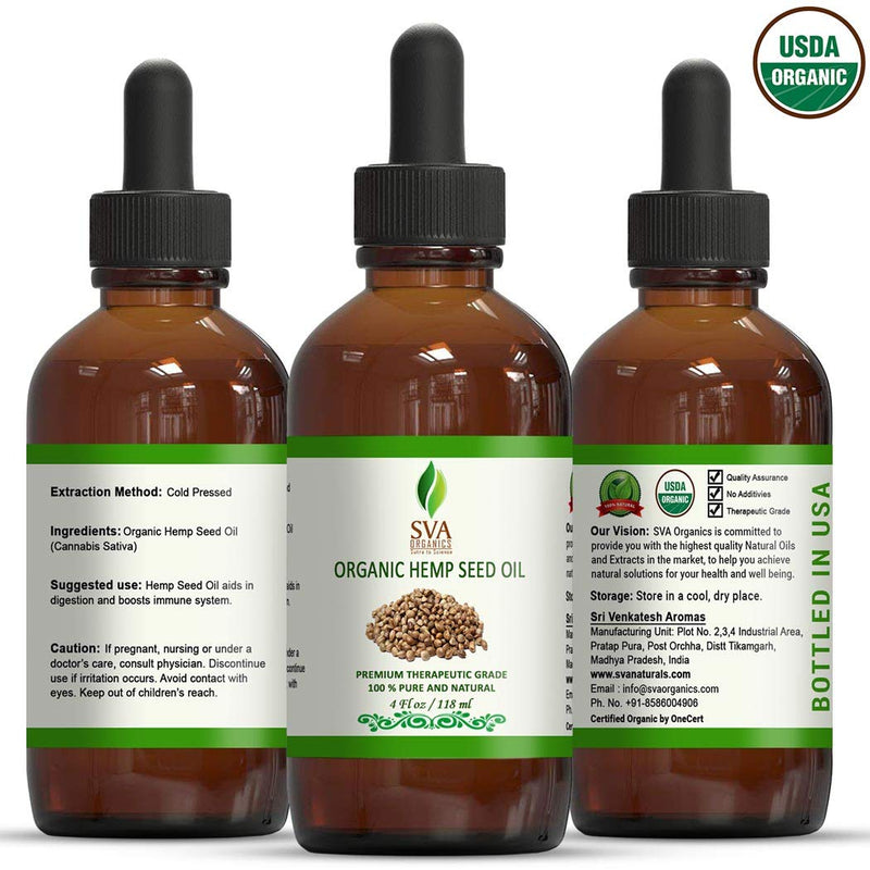 SVA Organics Hemp Seed Organic USDA Cold Pressed Oil 4 Oz Pure Carrier Oil for Skin Cream, Face Serum, Hair Products, Cosmetics, Makeup, Soap, Hair & Body Oil - BeesActive Australia