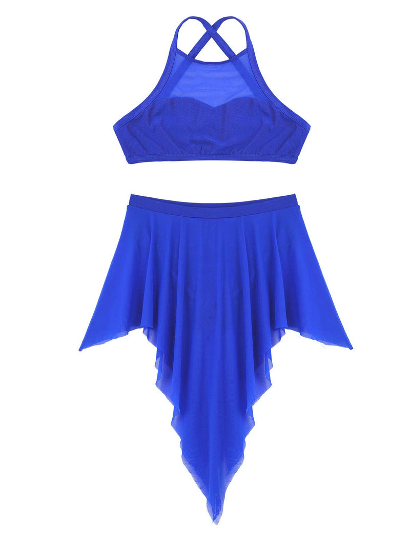 [AUSTRALIA] - YiZYiF Lyrical Womens Adult Sleeveless 2 Pieces Crop Top Asymmetrical Hi-lo Skirt Dance Dress Blue Small 