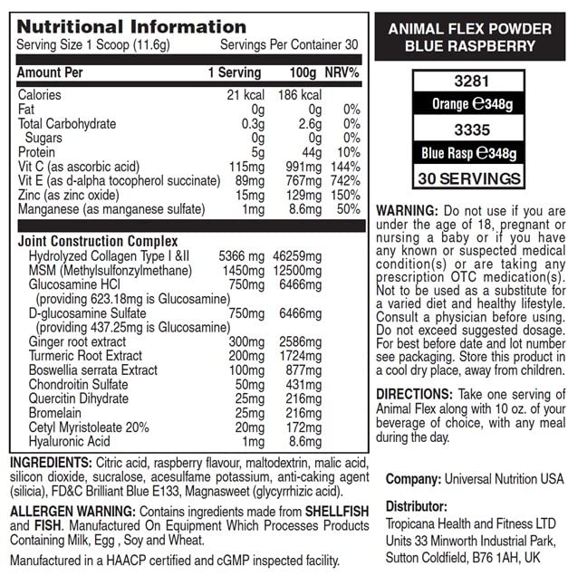 Animal Flex Powder � All-In-One Complete Joint Support Supplement�Contains Collagen, Turmeric Root, Curcumin, Glucosamine & Chondroitin � Helps Repair & Restore Joints � Blue Raspb. Flavour, 30 Scoops Blue Raspberry Flavour - BeesActive Australia