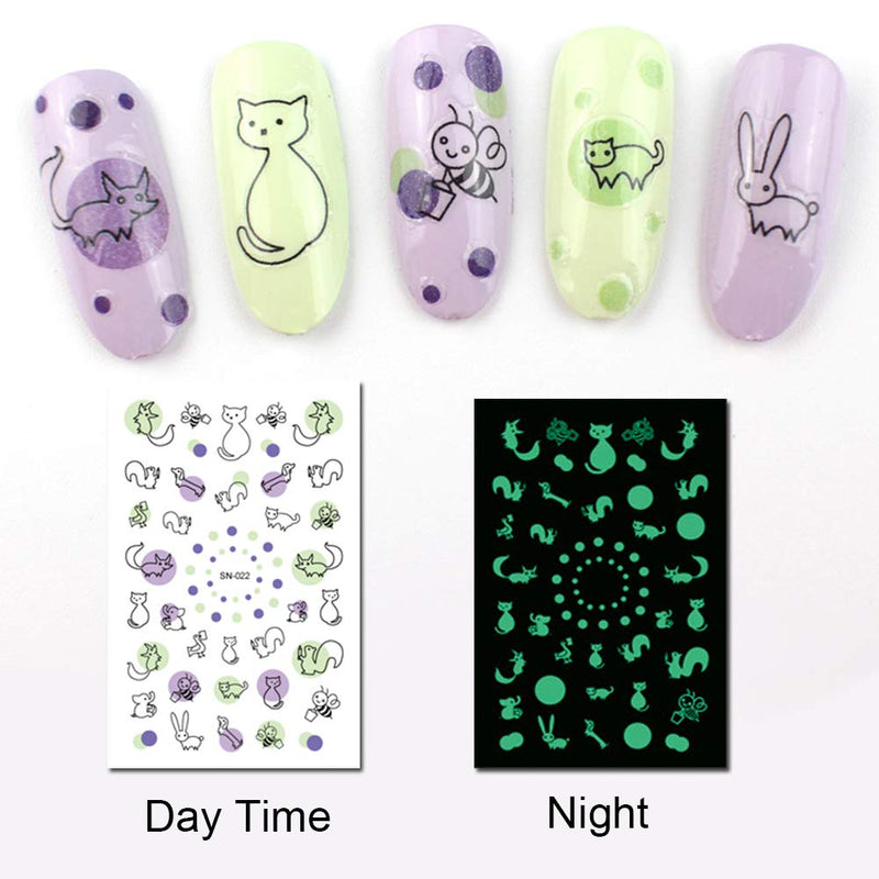 WOKOTO 6 Sheets Luminous Nail Art Stickers Tips Fluorescent Self-Adhesive Decals Smiling Face Moustache Cat Manicure Sticker Nails Kit (Glow In The Dark) - BeesActive Australia