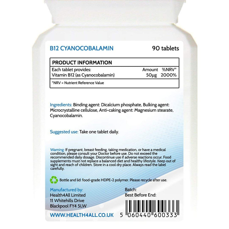Vitamin B12 Cyanocobalamin 50mcg 180 Tablets (V) . Tablets ( not Capsules ) Vegan. Made in The UK by Health4All. 180 Count (Pack of 1) - BeesActive Australia
