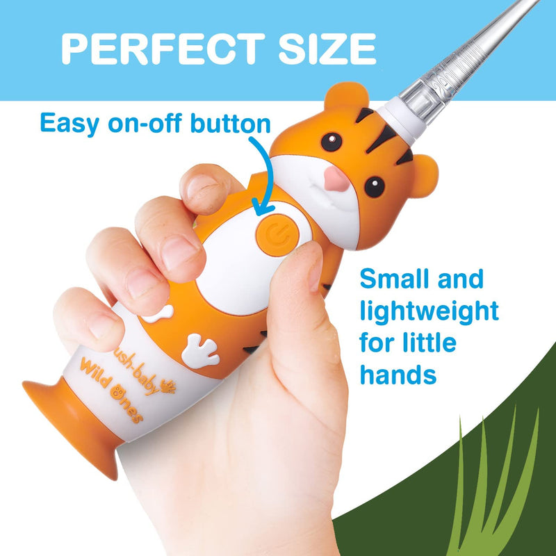 Brush-Baby WildOnes Kids Electric Rechargeable Toothbrush, 1 Handle, Brush Head, USB Charging Cable, for Ages 0-10 (Tiger) Tiger - BeesActive Australia