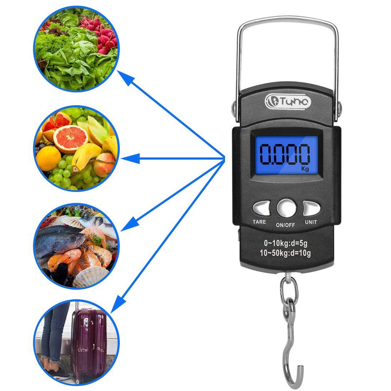 [AUSTRALIA] - TyhoTech Fishing Scale 110lb/50kg Backlit LCD Screen Portable Electronic Balance Digital Fish Hook Hanging Scale with Measuring Tape Ruler, D Shape Buckle and Carry Bag Included 