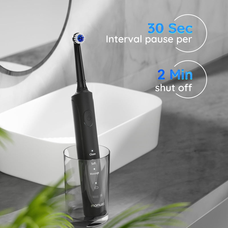 Mornwell Electric Toothbrush USB Fast Charging 3 Modes Rotary Toothbrushes Rechargeable Spin Toothbrushes with 4 Round Brush Heads for Adults & Kids Over 8 Years Old (T37 Model) Black - BeesActive Australia