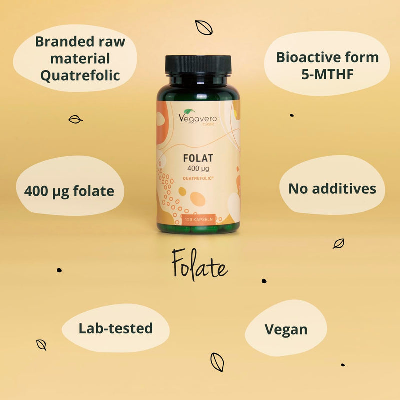 Natural Folic Acid Pregnancy Vegavero� 400mcg | NO Additives | Vitamin B9 Quatrefolic� (5-MTHF) Methyl Folate Supplements for Preconception & Maternal Tissue Growth | 120 Vegan Capsules - BeesActive Australia