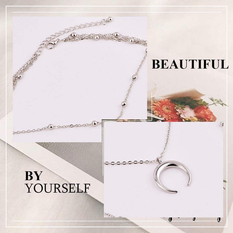 Funyrich Boho Layered Moon Necklace Chain Sliver Beads Necklaces Pendant Jewelry for Women and Girls - BeesActive Australia