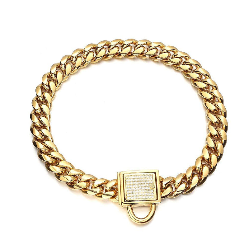 Aiyidi Gold Dog Chain Collar 10mm Wide Cuban Link Puppy Collar 316L Stainless Steel with CZ Diamond Lock Bling Collar for Large Medium Small Dogs 8inch (for 6''~7.5''dog's neck) - BeesActive Australia
