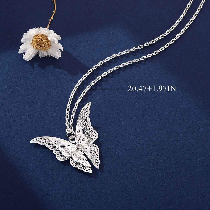 Sakytal Butterfly Pendant Necklaces Silver Large Hollow Out 3D Pendant Necklace Chain for Women and Girls - BeesActive Australia