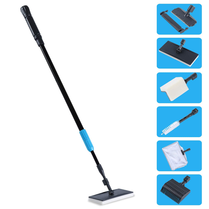 AquaMiracle 6 in 1 Aquarium Cleaning Tool Kit Fish Tank Cleaning Kit for 20-160 Gallon Tank with Telescopic Long Handle, Algae Scraper, Scrubber Pads, Tube Cleaner, Fish net, Gravel Rake - BeesActive Australia