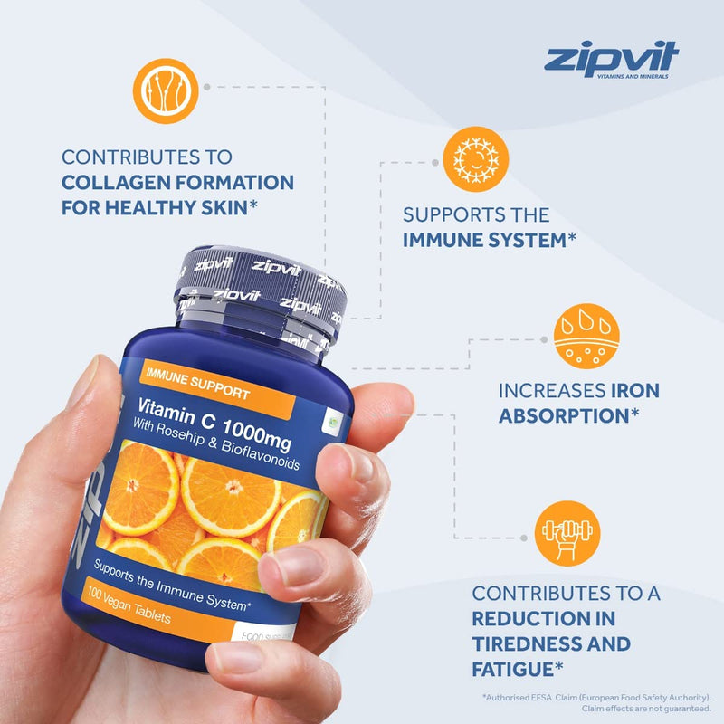Vitamin C 1000mg with Bioflavonoids, 100 Vegan Tablets. Supports The Immune System. Contributes to a Reduction in Tiredness and Fatigue. 100 Tablet Jar - BeesActive Australia