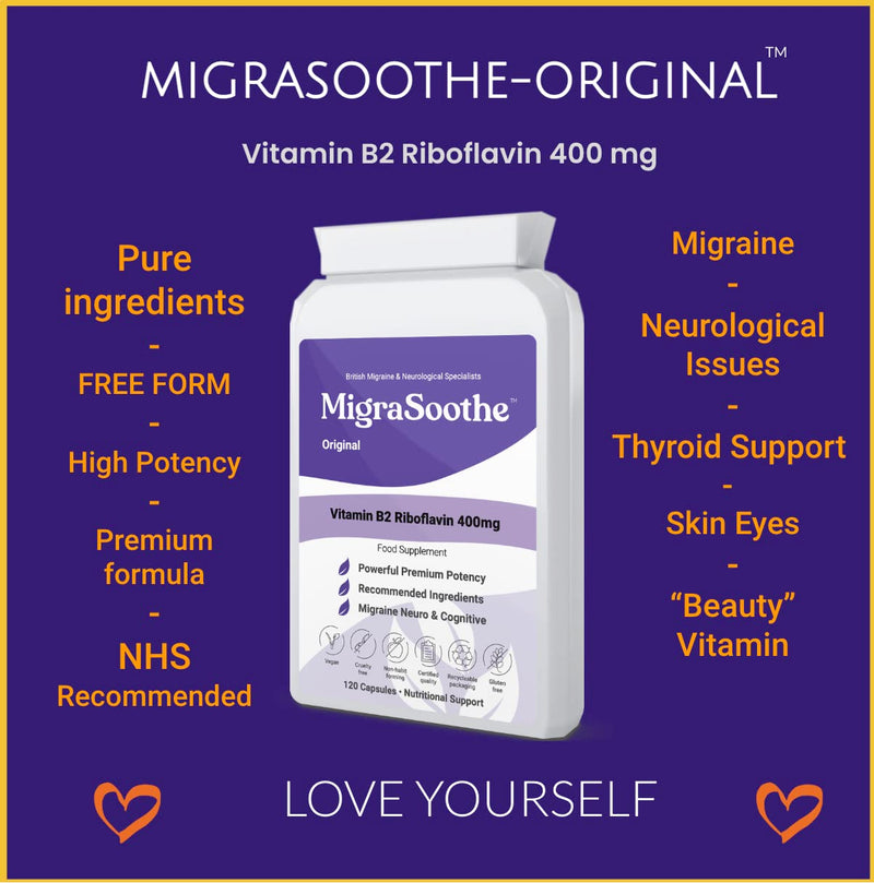 Premium Vitamin B2 Riboflavin 400mg per Capsule -Migrasoothe-B Pharma Manufacturing Standards UK Made Migraine Support, Stress, Tremors & Energy Vegan. Nice Recommended Vitamin B2 400 (30) 30 - BeesActive Australia