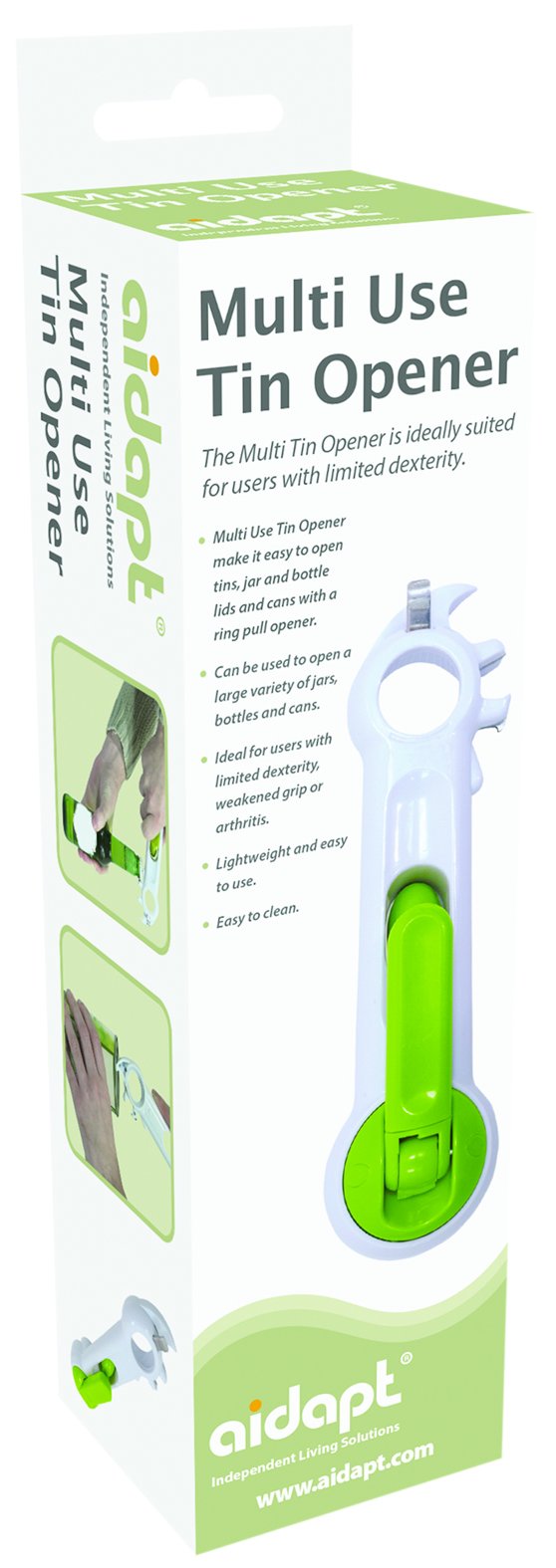 Aidapt Plastic Multi use Tin Opener - Designed for Users with Limited Dexterity, Arthritis or Weakened Grip. Great Kitchen Tool. No More Broken Fingernails. Open Tins, Jars, Bottle Lids and Cans. White and Green - BeesActive Australia