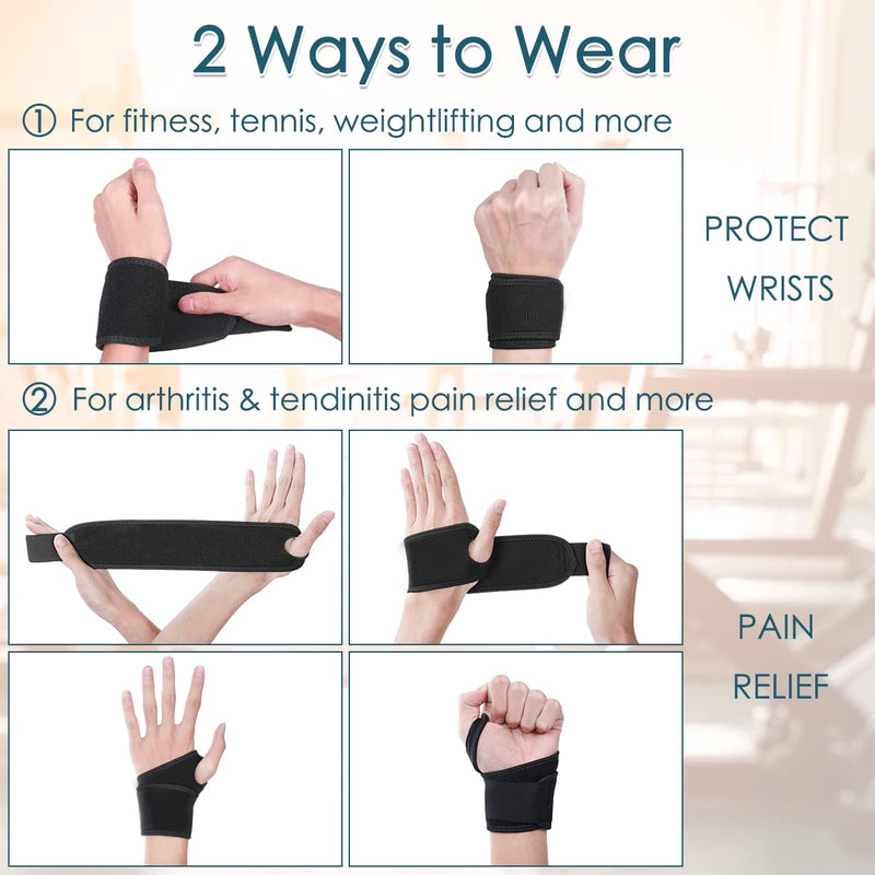 URAQT Wrist Support, 2 Pack Adjustable Wrist Strap for Men Women, Carpal Tunnel Compression Wrist Wraps for Tendonitis Pain Relief, Sports Protecting, Injury Recovery, Wrist Brace for Right&Left Hand Black - BeesActive Australia