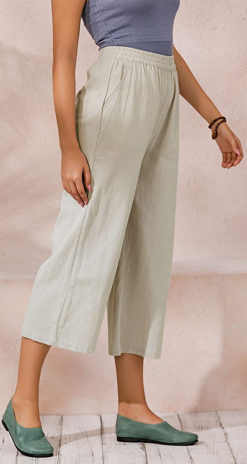 ECUPPER Womens Casual Loose Elastic Waist Cotton Trouser Cropped Wide Leg Pants 12-14 Natrual - BeesActive Australia