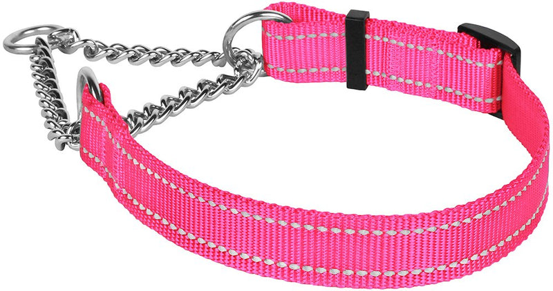 CollarDirect Martingale Dog Collar Training Adjustable Stainless Steel Chain Reflective Nylon Pet Collars for Medium Large Dogs M, Neck Fit 14"-20" Pink - BeesActive Australia