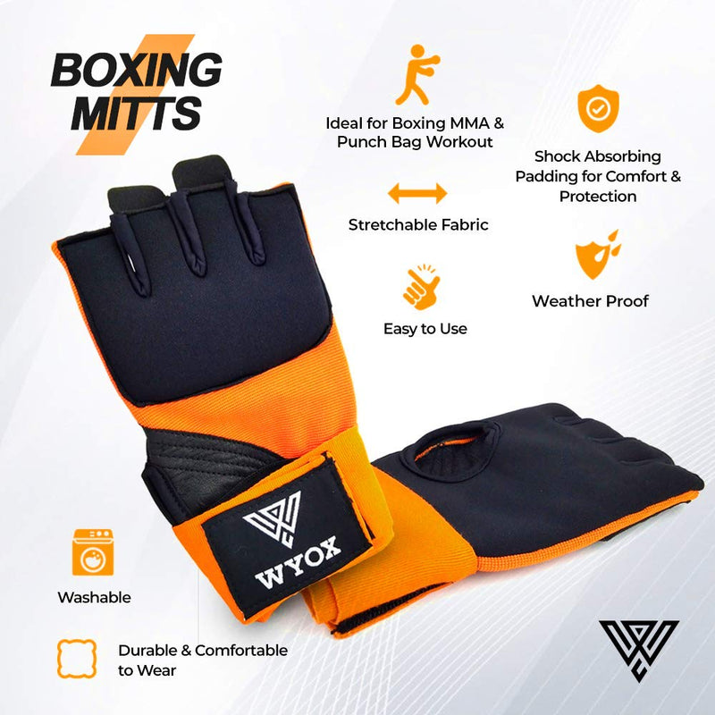 [AUSTRALIA] - WYOX Boxing Wraps MMA Gloves Inner Boxing Gloves for Women & Men - EZ-Off & On - Thick Knuckle Padding - Breathable Fabric Orange L-XL 