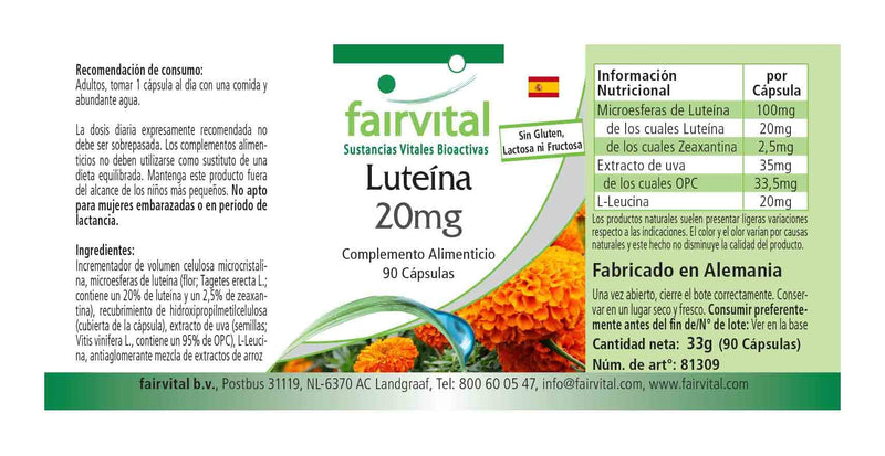Fairvital | Lutein 20mg - Bulk Pack for 3 Months - Vegan - HIGH Dosage - 90 Capsules - microencapsulated - BeesActive Australia