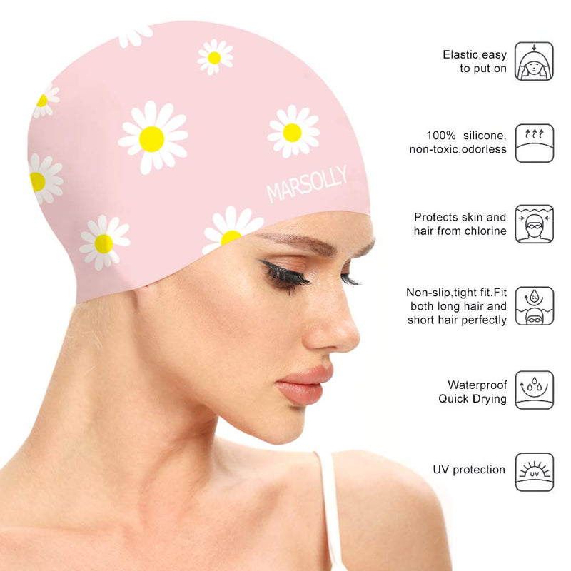 Marsolly Silicone Swim Cap for Women, Waterproof Long Hair Swimming Caps with Flower Printed Pink - BeesActive Australia