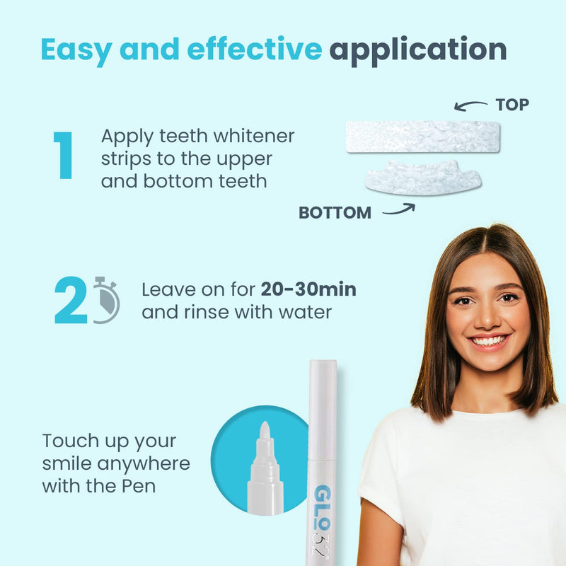 GLO32 - Advanced Teeth Whitening System - 28 Teeth Whitening Strips + 1 Teeth Whitening Pen - Gentle Teeth Stain Remover - with Coconut Oil - Effective in 20min - Vegan Cruelty Free - Peroxide Free - BeesActive Australia