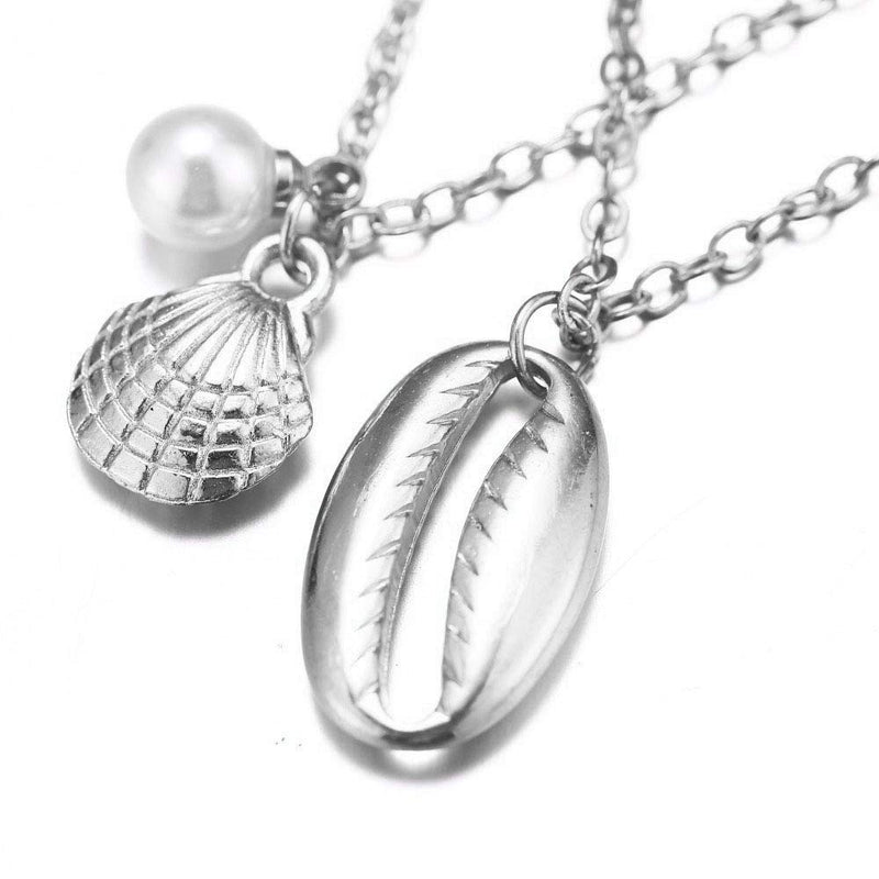 Jovono Bohemian Multi - Layer Necklace with Pearl and Shell Pendant For Women and Girls (Silver) Silver - BeesActive Australia
