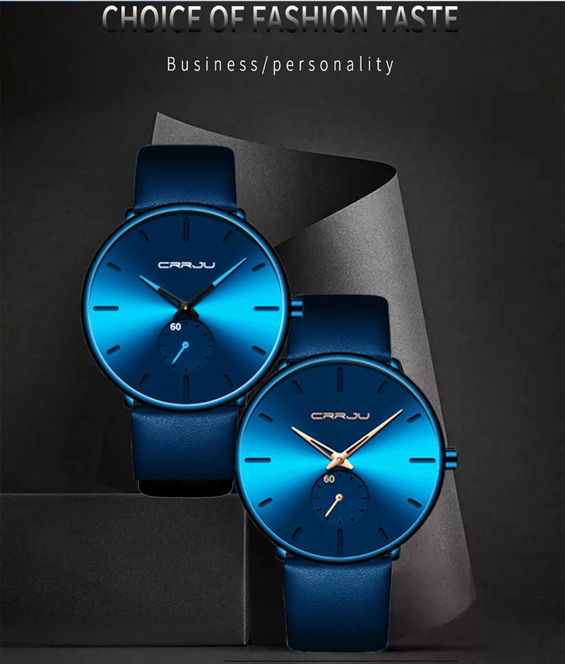 Mens Watches Ultra-Thin Minimalist Waterproof-Fashion Wrist Watch for Men Unisex Dress with Leather Band Sky blue - BeesActive Australia