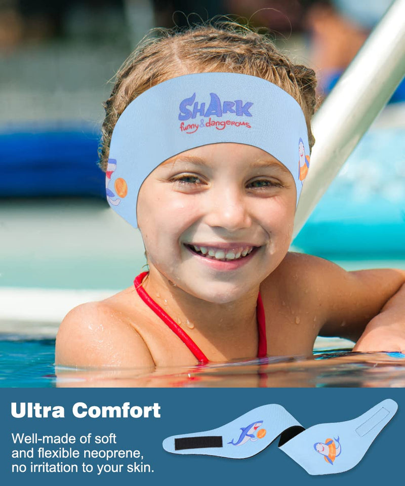 MoKo Swimming Headband for Kids & Adults, Cute Swimmers Headband Ear Band Waterproof Ear Protection Band (S Size for Kids Age 1-2, M Size for Kids Age 3-9, L Size for Kids Age 10+ and Adults) Blue & Shark Medium (Pack of 1) - BeesActive Australia