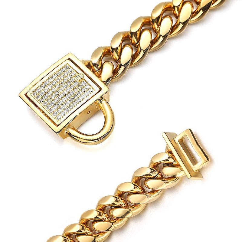 Aiyidi Gold Dog Chain Collar 10mm Wide Cuban Link Puppy Collar 316L Stainless Steel with CZ Diamond Lock Bling Collar for Large Medium Small Dogs 8inch (for 6''~7.5''dog's neck) - BeesActive Australia