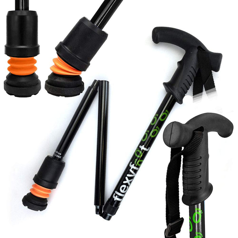 Flexyfoot Shock Absorbing Derby Handled Folding Walking Stick | Improved Comfort, Improved Grip, Improved Safety Black - BeesActive Australia