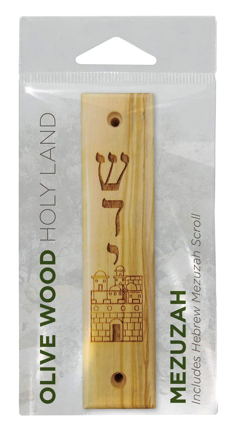Logos Trading Post Olive Wood Mezuzah with Scroll, Shema & Jerusalem City, Made in Israel, Religious Home Décor for Door & Wall, Includes Parchment Prayer Scroll, Jewish & Messianic House Wall Art Shema and Jerusalem City - BeesActive Australia
