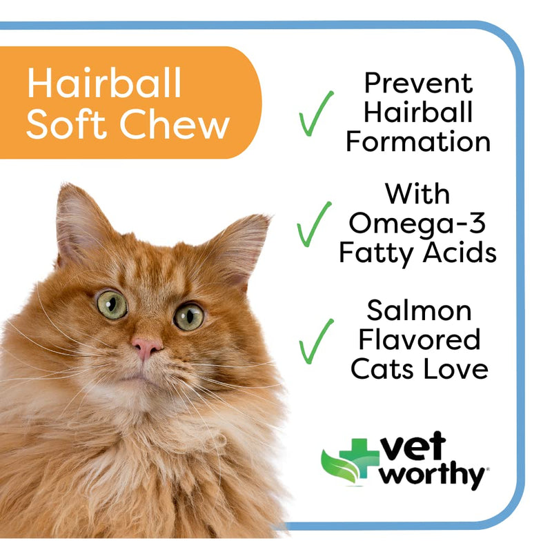 Vet Worthy Hairball Soft Chew for Cats Hairball Remedy for Cats for Digestive Aid and Hairball - Cat Supplement with Omega 3, Psyllium Husk, Brewers Yeast, Wild Alaskan Salmon Oil-45 Soft Chews - BeesActive Australia
