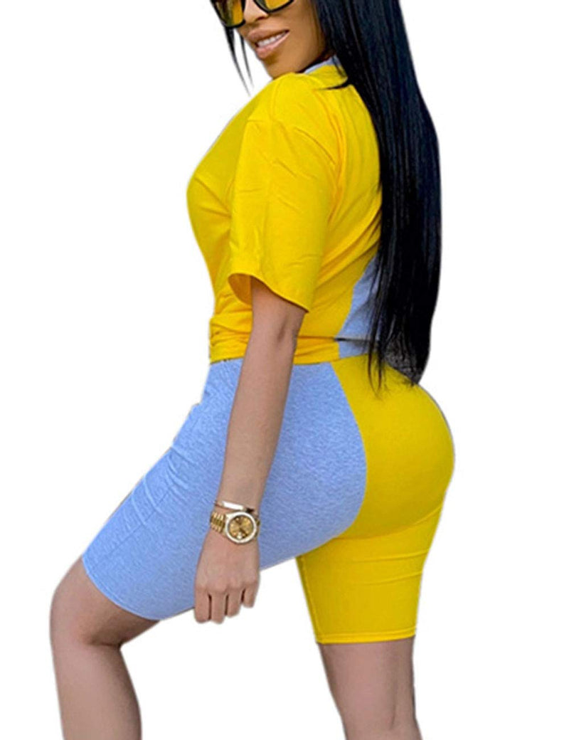 KANSOON Biker Short Set Two Piece Outfits Color Block Short Sleeves Tops and Bodycon Shorts Workout Sets Medium Blue&yellow - BeesActive Australia