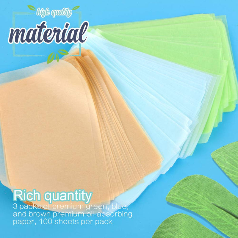300 Sheets Oil Absorbing Tissues, HNYYZL 3 Pack Premium Oil Blotting Paper Sheets, Translucent, Soft Face Blotting Paper Stay Skin Fresh and Smooth, for Facial Skin Care & Make Up(Green, Blue, Brown) - BeesActive Australia